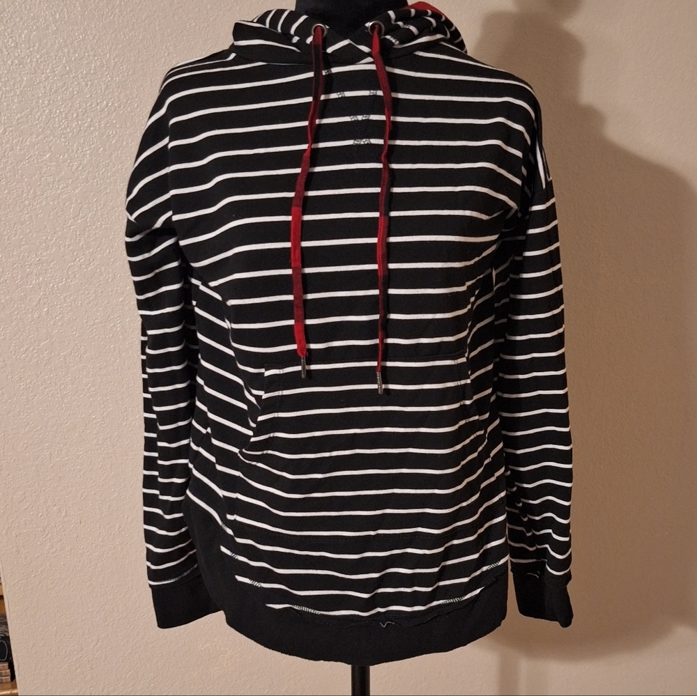 Maurices Black and White Striped Hoodie with Red Drawstrings